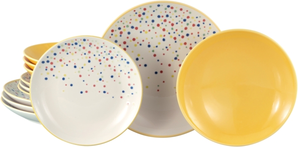 CreaTable, 24236, Serie Joy Dots Gelb, 12-teiliges Geschirrset für 4 Personen Gelb