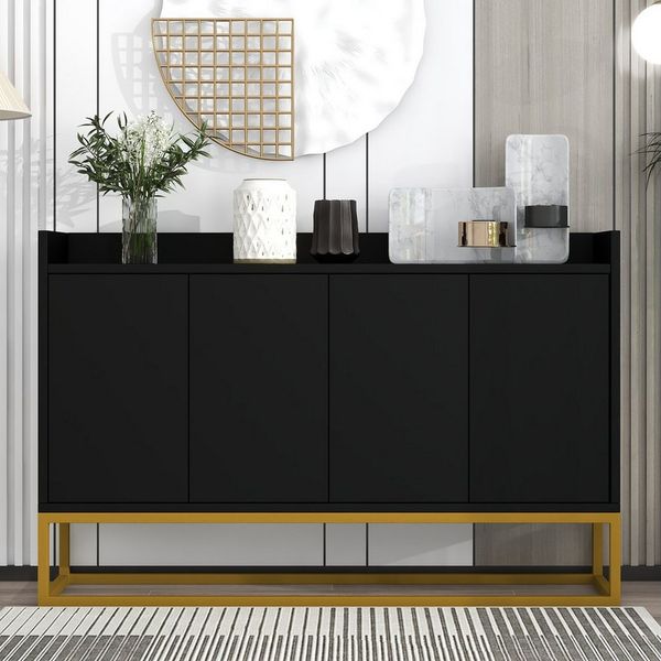 Flieks Sideboard, Kommode mit 4 Türen mit goldenen Metallbeine 120x30x80cm
