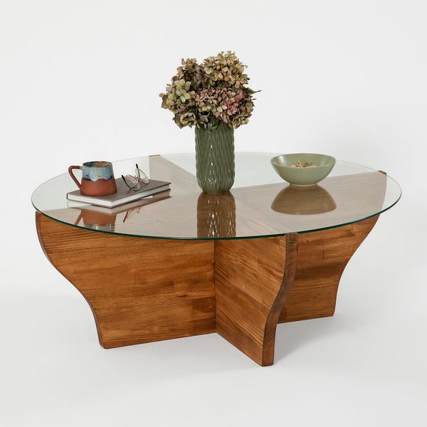 Modern Coffee Table, Chestnut Color, 92 x 36 x 92 cm | 100% Tempered Glass Top, 100% Pine Solid Wood Frame | Stylish & Functional for Living Spaces