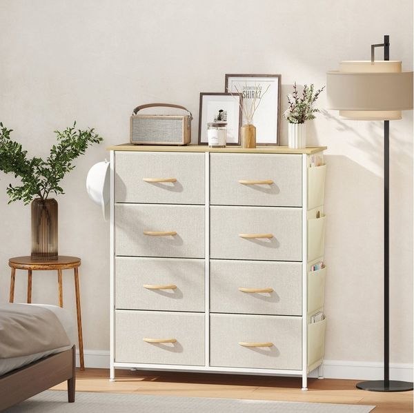 HOMCOM Kommode Schrank mit 8 Schubladen aus Vliesstoff, Haken, Seitentasche (Schubladenschrank, 1 St, Aufbewahrungsschrank), Modern Sideboard für Schlafzimmer, Wohnzimmer Beige