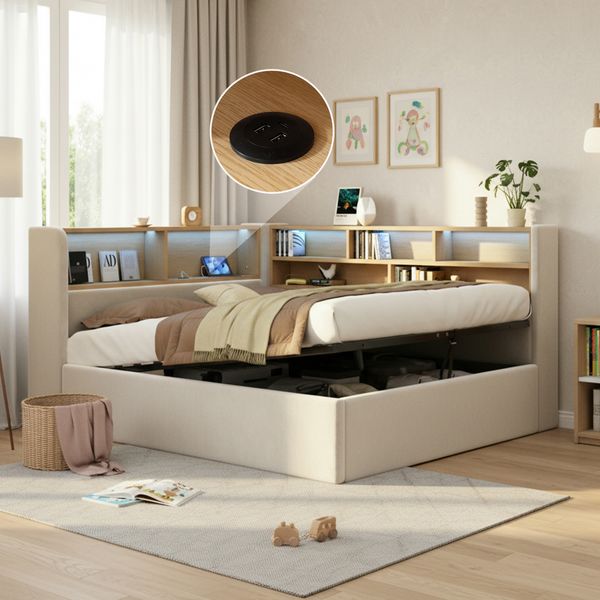 Merax Doppelbett Daybett 140x190 cm Polsterbett, mit hydraulischem Stauraum, Tagesbett, Schlafsofa mit LED, USB & Rückenlehne, Samt, grau