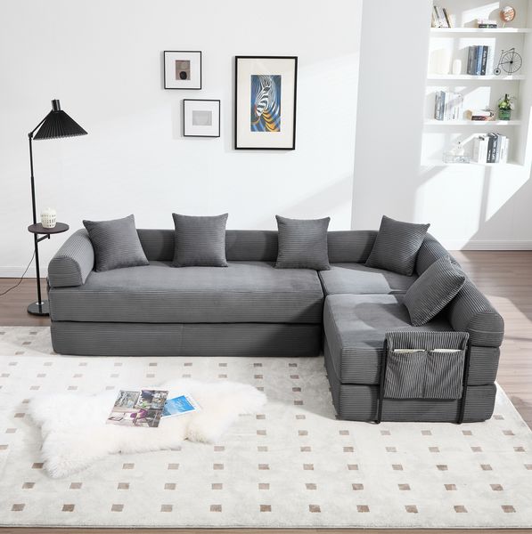 Sofa 270 x 180 x 64 cm mit modularem Aufbau und Seitentasche – Corduroy in Dunkelgrau