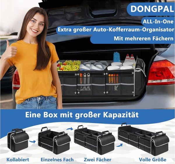 BTTO Faltbox Kofferraum-Organizer Schwarz, Aufbewahrungsbox mit mehreren Fächern, Organizer Kofferraumtasche mit Deckel