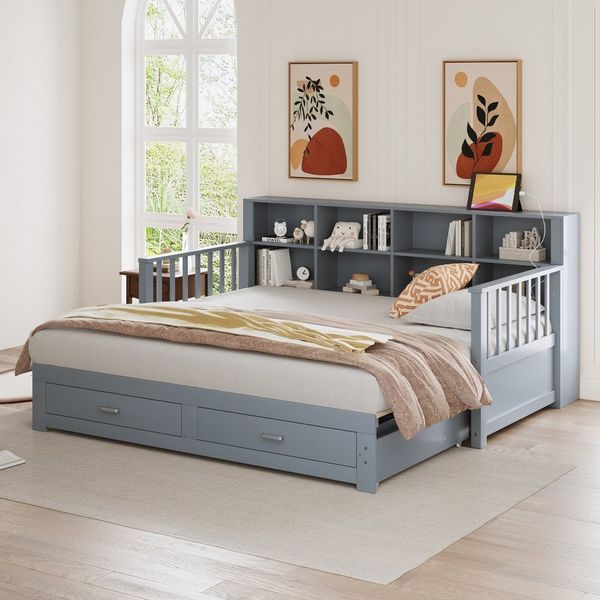 Odikalo Ausziehbett Schlafsofa Daybett Stauschrank USB 2 Schubladen 90/180x190cm Weiß/Grau