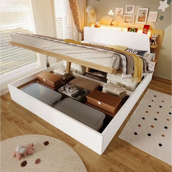 Flieks Massivholzbett, Hydraulisches Stauraumbett 140x200 cm mit Ladefunktion und LED-Leiste