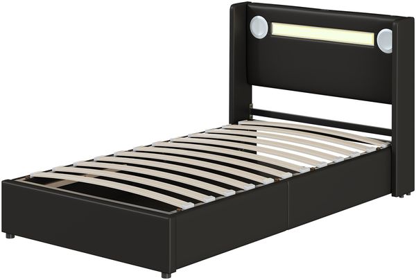 Merax Polsterbett Kinderbett 90x200 Bett mit LED-Lichtleiste, Bluetooth-Player und USB-Aufladung, PU-Leder-Aufbewahrungsbett, Hochbettkasten, Jugendbett mit Lattenrost, Schwarz Bild 10