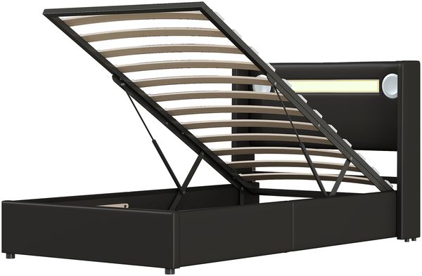 Merax Polsterbett Kinderbett 90x200 Bett mit LED-Lichtleiste, Bluetooth-Player und USB-Aufladung, PU-Leder-Aufbewahrungsbett, Hochbettkasten, Jugendbett mit Lattenrost, Schwarz Bild 9