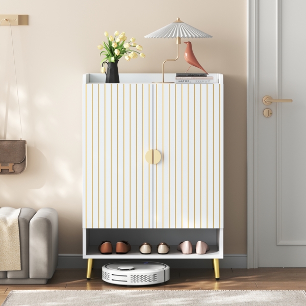 Flurschrank, 75 x 35 x 110 cm, weißer Doppeltür-Schuhschrank mit 3 Ebenen und offener Schublade