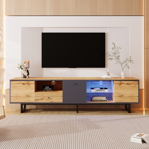 Merax Lowboard, Wohnzimmer-TV-Schrank mit LED-Lichteffekt, Glastrennwand, Pufferscharnier, farblich passendes Design, Holz und Anthrazit