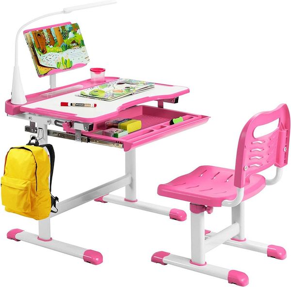 KOMFOTTEU Kinderschreibtisch mit verstellbarer Tischplatte & Lampe & Bücherständer (Set)