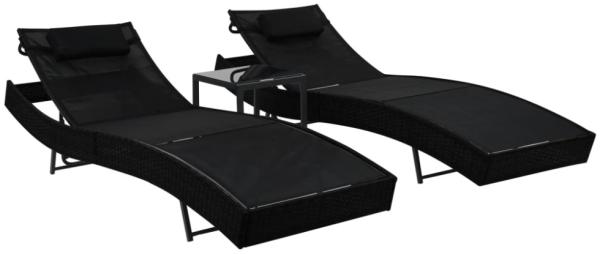 vidaXL Sonnenliegen 2 Stk. mit Tisch Poly Rattan und Textilene Schwarz 44893