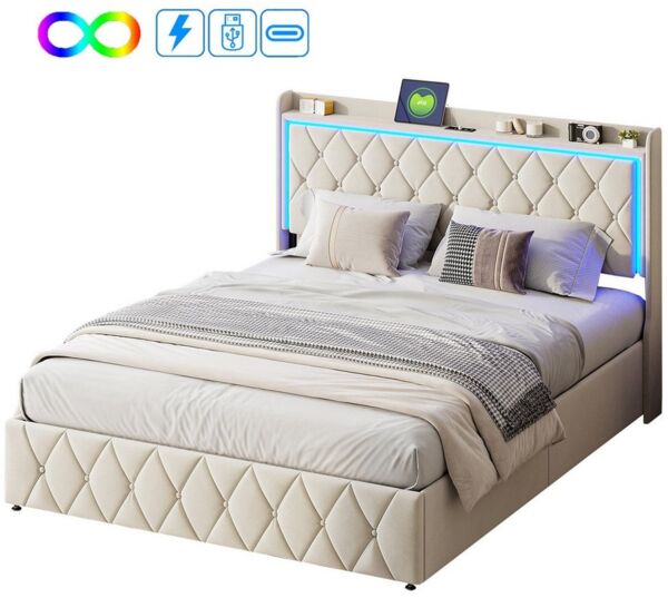 ADWOLT Polsterbett LED Hydraulisch Doppelbett Jugendbett (Set, 1-tlg, 140x200cm Stauraumbett), Mit LED-Beleuchtung und Ladefunktion,Samt,Beige
