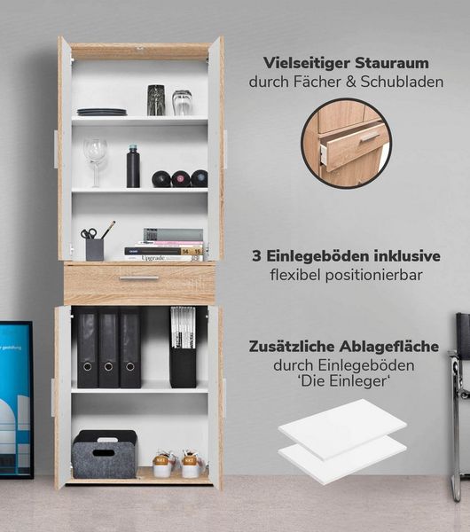 mokebo® Mehrzweckschrank 60cm Breite mit Schubladen & Einlegeböden 'Der Praktische' hoher Schubladenschrank in Sonoma Eiche, großer Schrank & Hochschrank braun| 60 x 180 x 34 (B/H/T in cm)