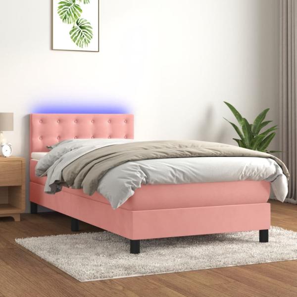 vidaXL Boxspringbett mit Matratze & LED Rosa 100x200 cm Samt 3134632