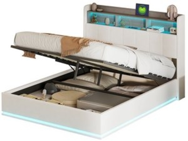 FUROKOY Polsterbett Doppelbett Stauraumbett Hydraulisch anhebbarer USB+Typec und LED-Licht, 140x200 cm,Stauraum,Gepolstert,Weich und bequem,Material Samt,Beige Bild 6