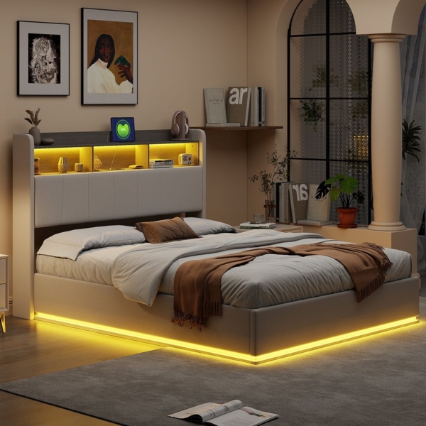 FUROKOY Polsterbett Doppelbett Stauraumbett Hydraulisch anhebbarer USB+Typec und LED-Licht, 140x200 cm,Stauraum,Gepolstert,Weich und bequem,Material Samt,Beige Bild 3