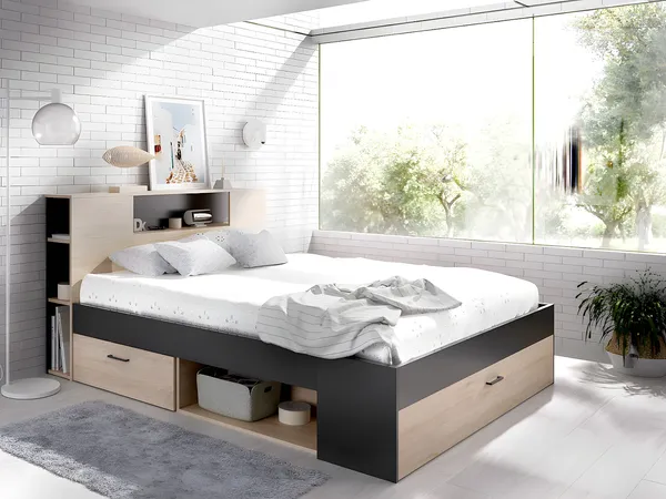 Vente-unique - LEANDRE Bett Holz, Platte BeigeWeiß - B 99,5 cm x H 95 cm x L 218,5 cm