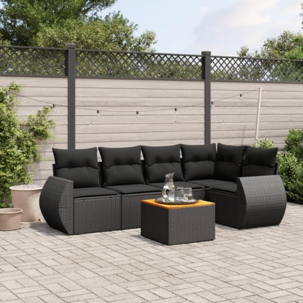 vidaXL 6-tlg. Garten-Sofagarnitur mit Kissen Schwarz Poly Rattan 3224991