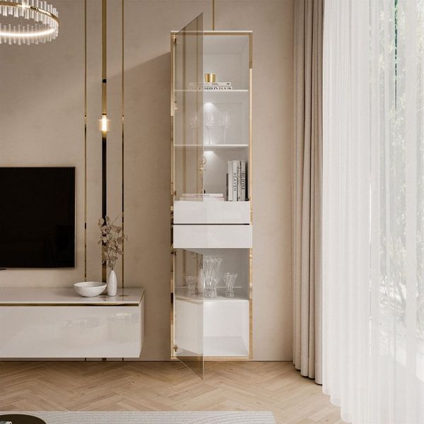 ALLHOUSE24 Vitrine PEONY Breite 45 cm Glasvitrine mit LED Beleuchtung weiß gold GLANZ Breite 45 cm