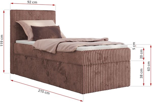 Boxspringbett TILIANO 90x200 Cord inkl. Bettkasten, Einzelbett 7-Zonen Multipocket-Matratze & Topper, Modernes Design mit hohem Kopfteil - Rosa Cordstoff - H3 - Topper Visco Bild 4