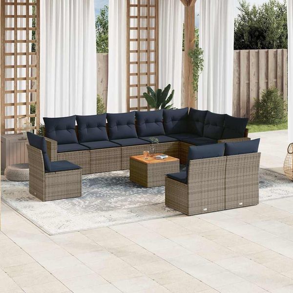 vidaXL 11-tlg. Garten-Sofagarnitur mit Kissen Grau Poly Rattan 3256509
