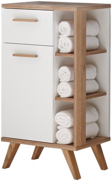 KHG Bad Unterschrank Weiß Holz Skandi Look, Badezimmer Schrank minimalistisch, Holz-Optik Eiche, Soft Close, Breite 50 cm, Tiefe 33 cm, 1 Tür, 5 Fächer, 1 Schublade, Steg-Griff, schräge Füße