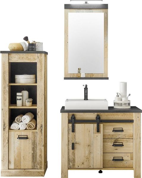 Home affaire Badmöbel-Set SHERWOOD, Bad im modernen Design, 3-teiliges Badezimmer, (3-St), in 2 Farben verfügbar, Scheunentorbeschlag & Apothekergriff aus Metall