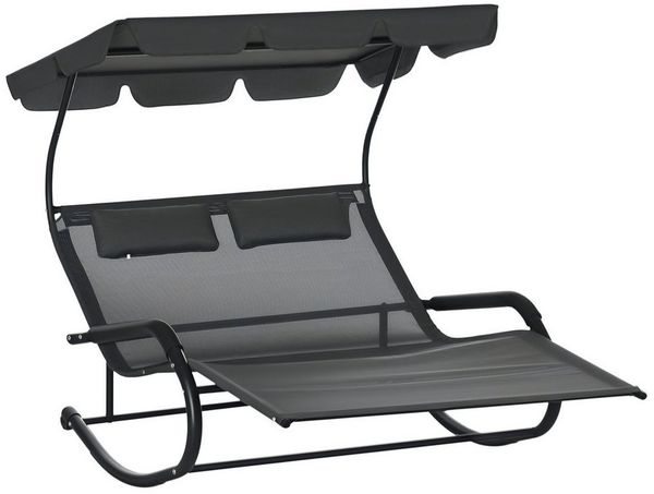 Outsunny Gartenliege mit Sonnendach, mit Rollen, mit Kopfkissen, 220 kg Belastung, Schaukelbank, 1 St, Doppel-Sonnenliege, für 2 Personen, Dunkelgrau, 200x139x140cm