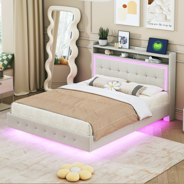 Merax Polsterbett 160*200, mit USB-Steckdose und LED-Licht, verstecktes Fußdesign, Doppelflachbett, Leinenstoff beige