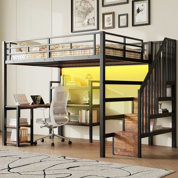 Merax Hochbett 140x200 cm mit LED-Licht & USB-Ladestation (Jugendbett, 1-St) Metallbett Kinderbett mit Schreibtisch Treppe Ablagefächern Stauraum