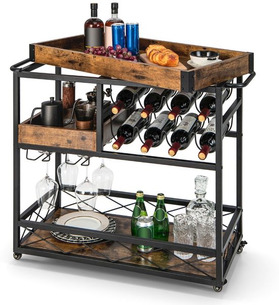 Servierwagen 3-Stufiger Rollender Barwagen mit Abnehmbarem Tablett 80 x 40 x 83 cm Rustikales Braun