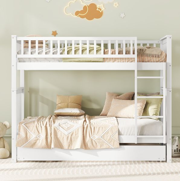 Bett 90x200 cm mit Ausziehbett und Treppe – Massivholz-Etagenbett, platzsparend