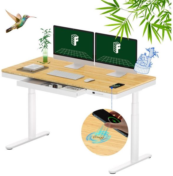 FLEXISPOT Schreibtisch Höhenverstellbarer Schreibtisch MIT Schubladen (mit kabellosem Laden, 4 Memory-Tasten, Schublade & Kabelmanagement), Doppelmotor, 3-stufige Beine, 140x70cm Bambusplatte, einfache Montage