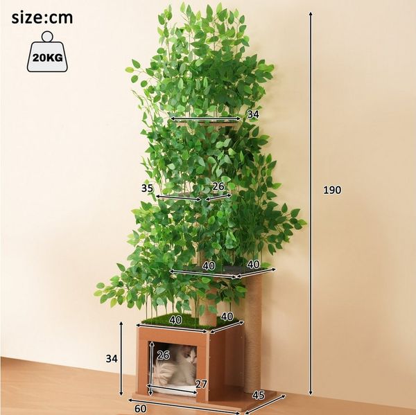 Celya Kratzbaum 190 cm hoher Kratzbaum in Baumform mit 4 Plattformen und Katzenlöchern, haustiersicheres Material, abnehmbare Blätter, wasserdichtes