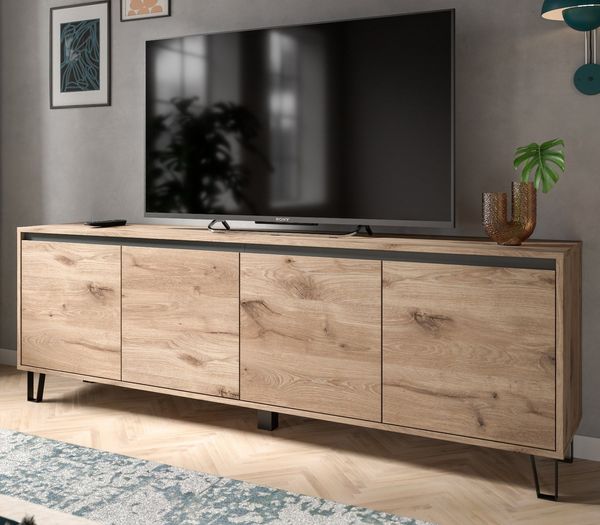Inn. Furn Lowboard Delio (TV Unterschrank in Eiche mit Grau, 184 x 64 cm), Komforthöhe und Soft-Close-Funktion