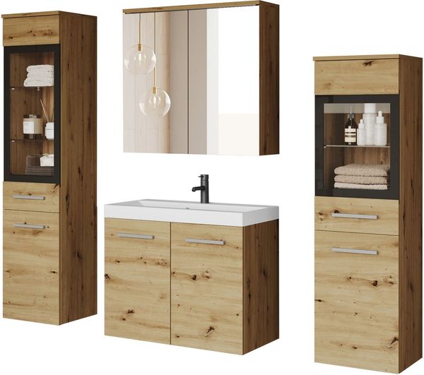welltime Badmöbel-Set MADRIT II, Schrank mit Waschbecken, 2 Hänger, Spiegelschrank, (Komplett-Set, 5-St), Hängende Badmöbel mit Glaseinsätzen – in vielen Farben erhältlich
