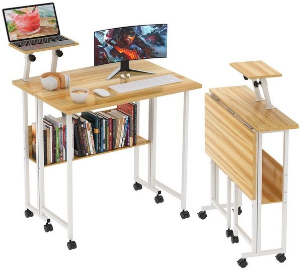 JEOBEST Schreibtisch Kleiner klappbarer Computertisch mit Regal und Rollen, (1-St. Tisch mit erhöhter Monitorablage) Faltbarer Bürotisch