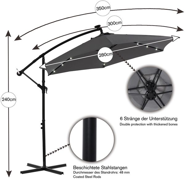 Ampelschirm ⌀3,0M Beige mit LED Sonnenschutz Kurbel Solar Schattenspender Garten
