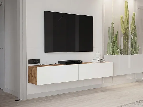 Vente-unique - AUBEPINA TV unit Holz, Platte BeigeWeiß - B 31,6 cm x H 29,6 cm x L 180 cm