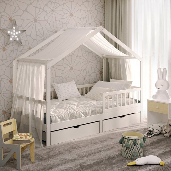 CADANI Kinderbett Hausbett Davi (Rausfallschutz abnehmbar), Bodenbett Hausbett mit Roll-Lattenrost