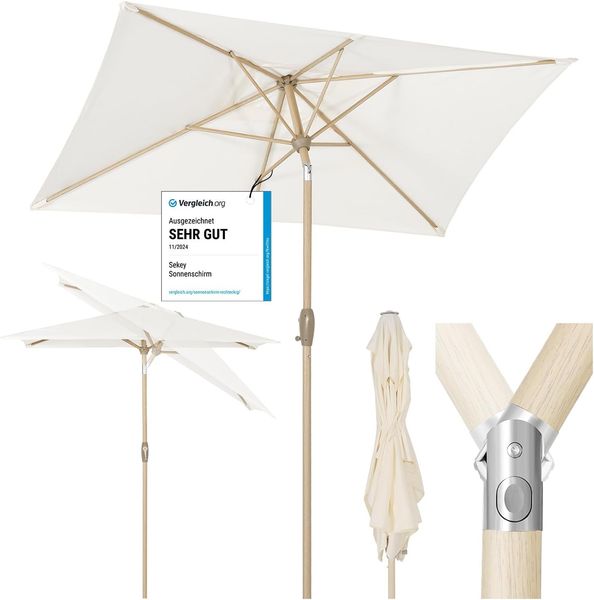 Sekey Sonnenschirm mit Kurbel und UV50+, knickbar, Aluminium creme / natur, 210 × 140 cm