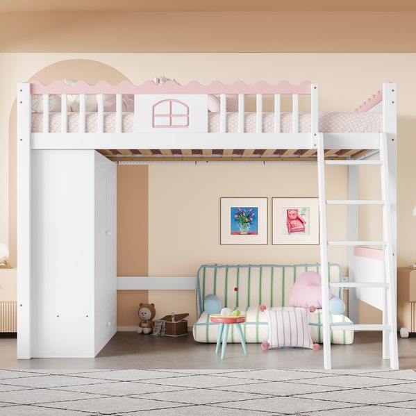 Bett 90x200 cm Hochbett mit LED und Stauraum – Kinderbett aus Kiefernholz