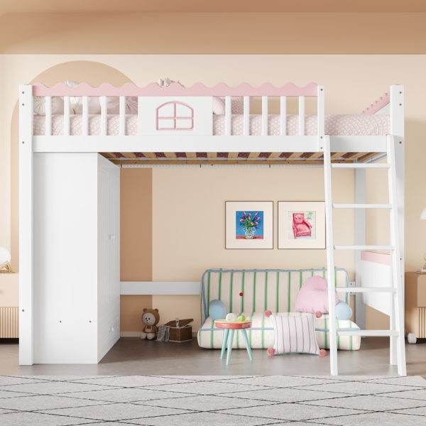 Bett 90x200 cm Hochbett mit LED und Stauraum – Kinderbett aus Kiefernholz