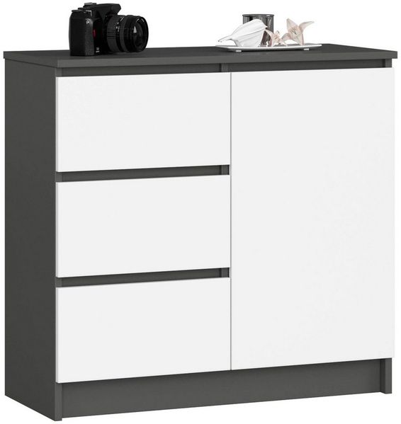 Milord FURNITURE Kommode mit 3 Schubladen 2 Einlegeböden und 1 Tür 80 cm breit, B80xH77xT35
