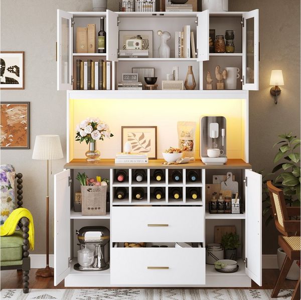 Flieks Küchenbuffet mit LED-Beleuchtung, Steckdose, Weinregal, 2 Schubladen und Glastüren (1-St, 120x36,3x180 cm) Hochschrank Küchenschrank Geschirrschrank mit Arbeitsplatte Holzoptik