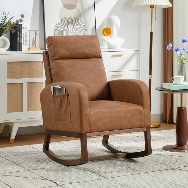 GarveeLife Stillschaukelstuhl für Kinderzimmer, PU-Leder Schaukelstuhl mit 66 cm hohem Rückenlehne, Moderner Relaxstuhl für Wohnzimmer, Schlafzimmer & Leseecke – Braun