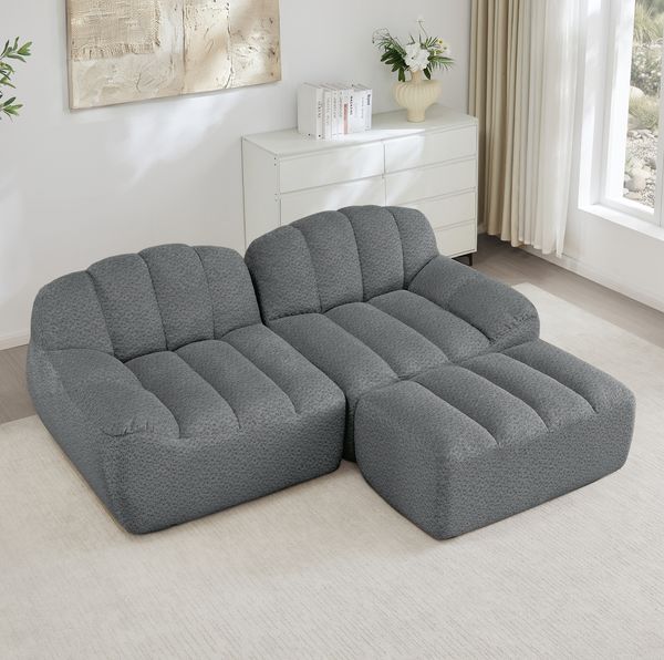 Modulares Sofa aus Granulierter Fleece mit Ottoman, 210 x 165 x 79 cm, grau