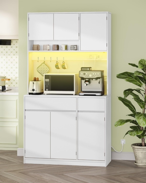 küchenschrank, Buffetschrank, Hochschrank mit Steckdosen und Led-Lichtleisten, mit Arbeitsplatten und Zwei Schubladen, Verstellbare Einlegeböden, Küche, 40 X 100 X 180 cm, Weiß