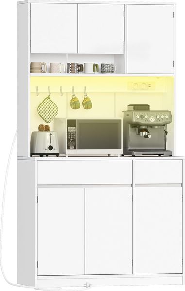 küchenschrank, Buffetschrank, Hochschrank mit Steckdosen und Led-Lichtleisten, mit Arbeitsplatten und Zwei Schubladen, Verstellbare Einlegeböden, Küche, 40 X 100 X 180 cm, Weiß Bild 2
