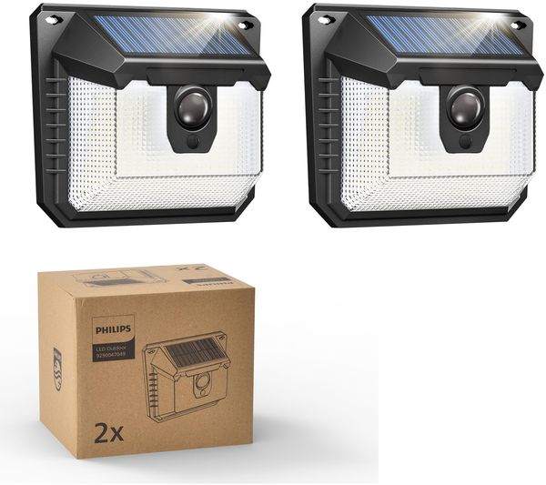 Philips Solarlampe Außen mit Bewegungsmelder, 120 LEDs Solarbetriebene Außen-Sicherheitsleuchte, 3 Modi, Wasserdichte Wandleuchte für Garten, Hof, Zaun, Garage (2 Stück)